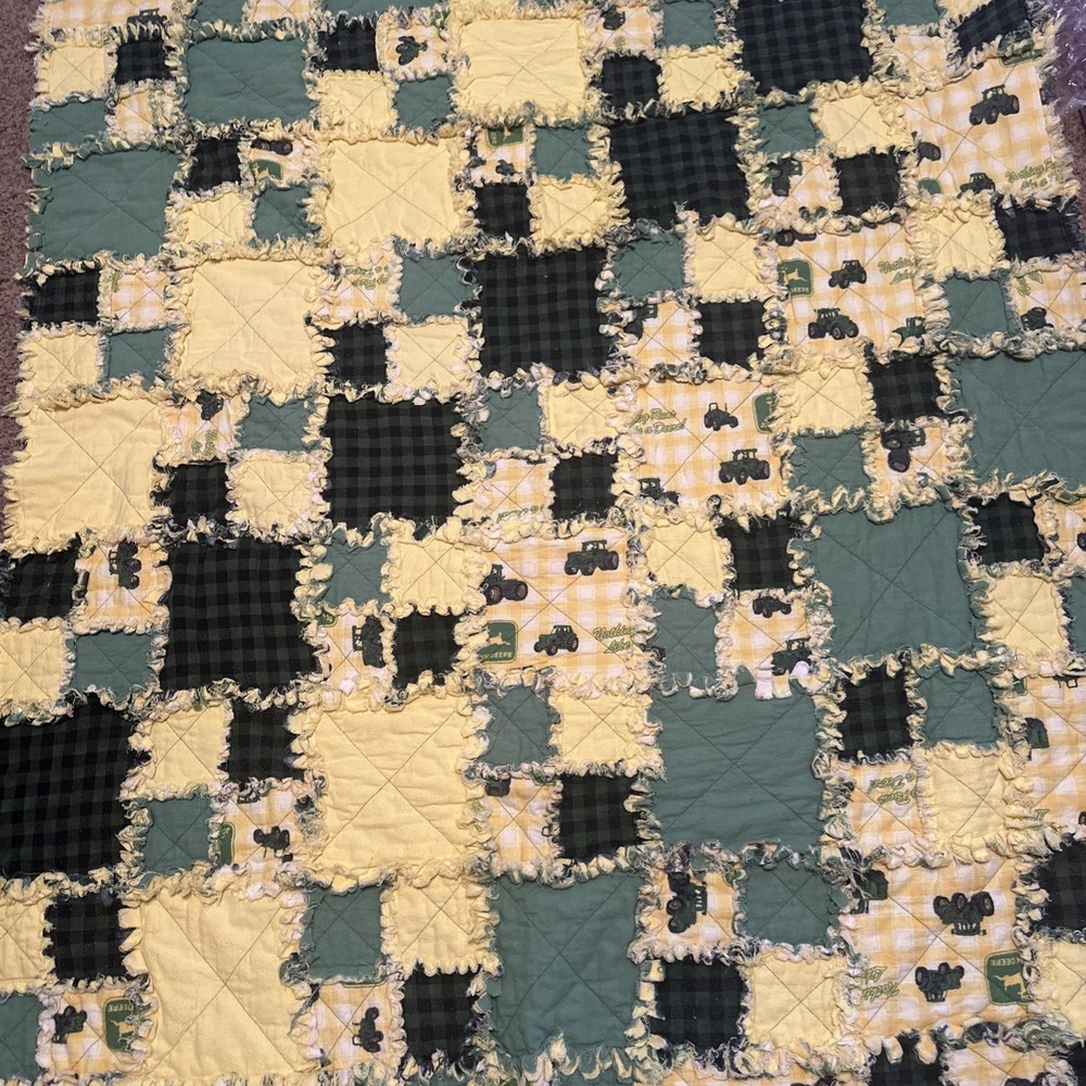 Vintage Handmade John Deere Tractor Baby Toddler Lap Patchwork Rag Quilt 60 X 46